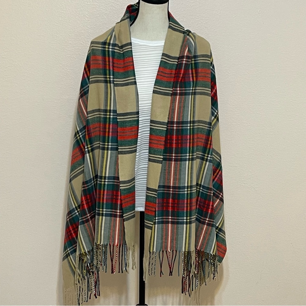 Cashmere Feel Italy Design Plaid Fringe Scarf